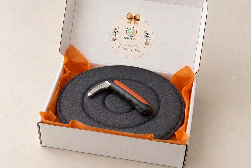 Car Exit Kit presented in an open white gift box with orange tissue lining, a swivel cushion and car exit handle, and a logo and bow sticker inside the lid