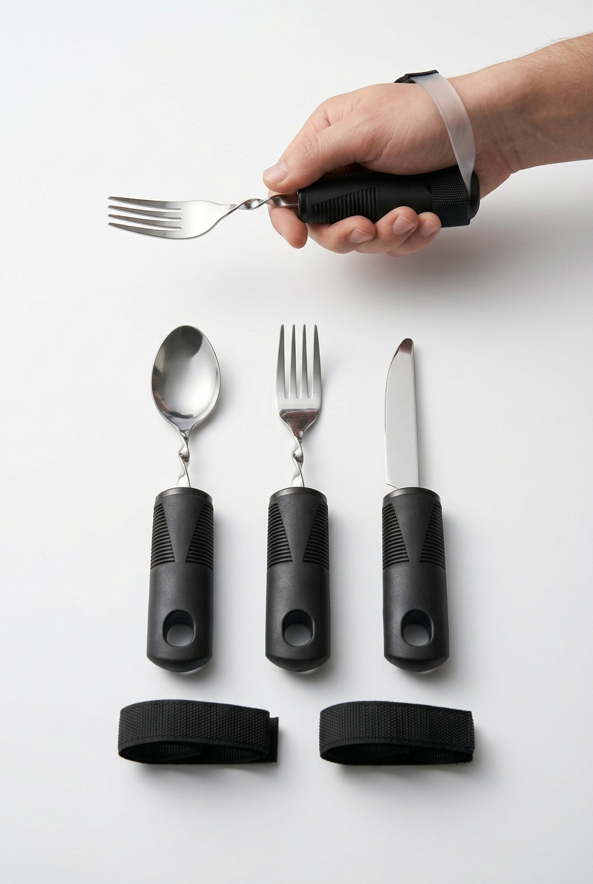 Bendable cutlery with black handles and straps, including a hand demonstrating the fork, on a white background