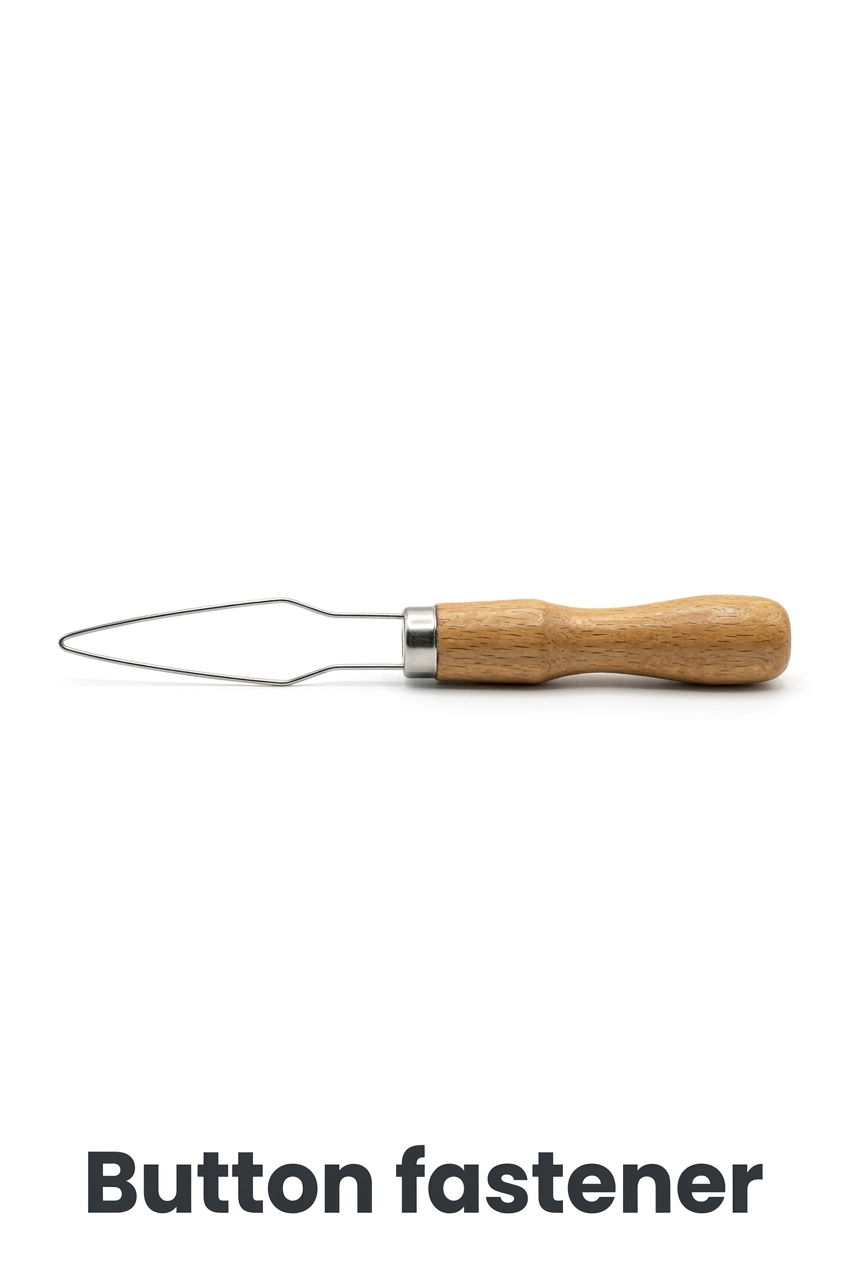 Button fastener with wooden handle on white background with a bold Button fastener label