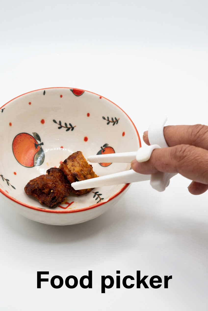 Food picker demonstration with hand and bowl on a white background