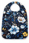 Floral adult bib with white edging on a white background