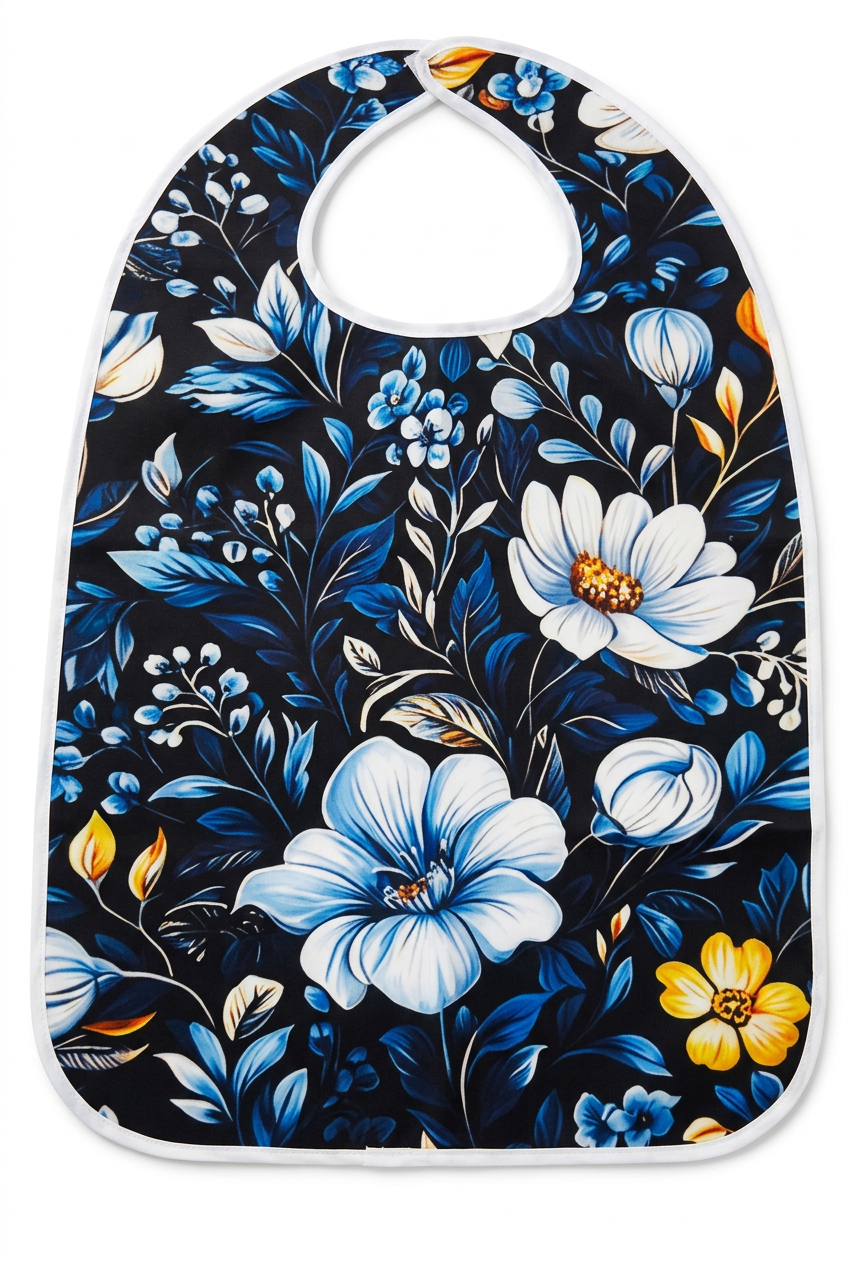 Floral adult bib with white edging on a white background