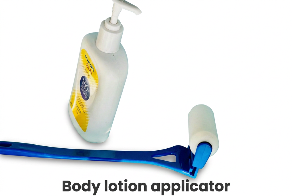 Body lotion applicator with lotion bottle on white background with a bold Body lotion applicator label