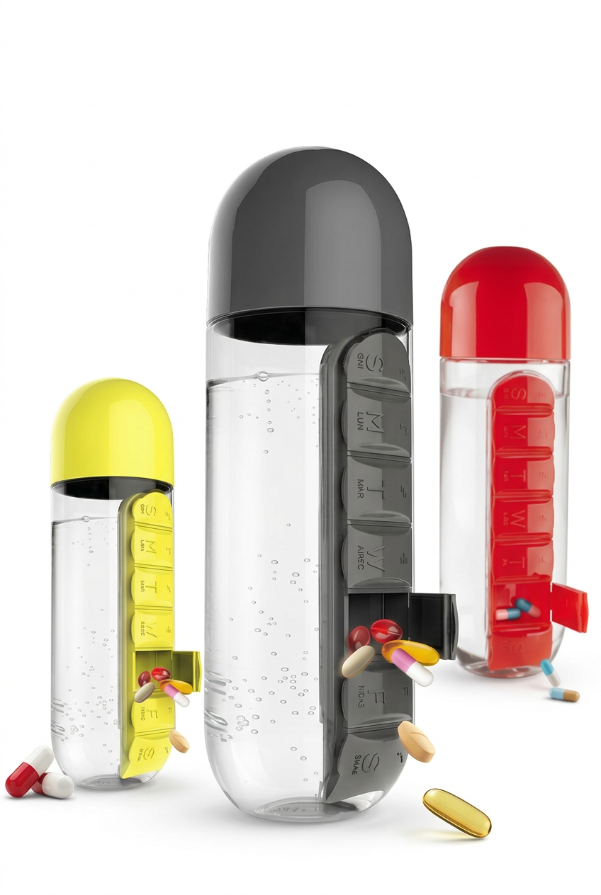 Yellow, grey and red water bottles with attached pill cases on a white background