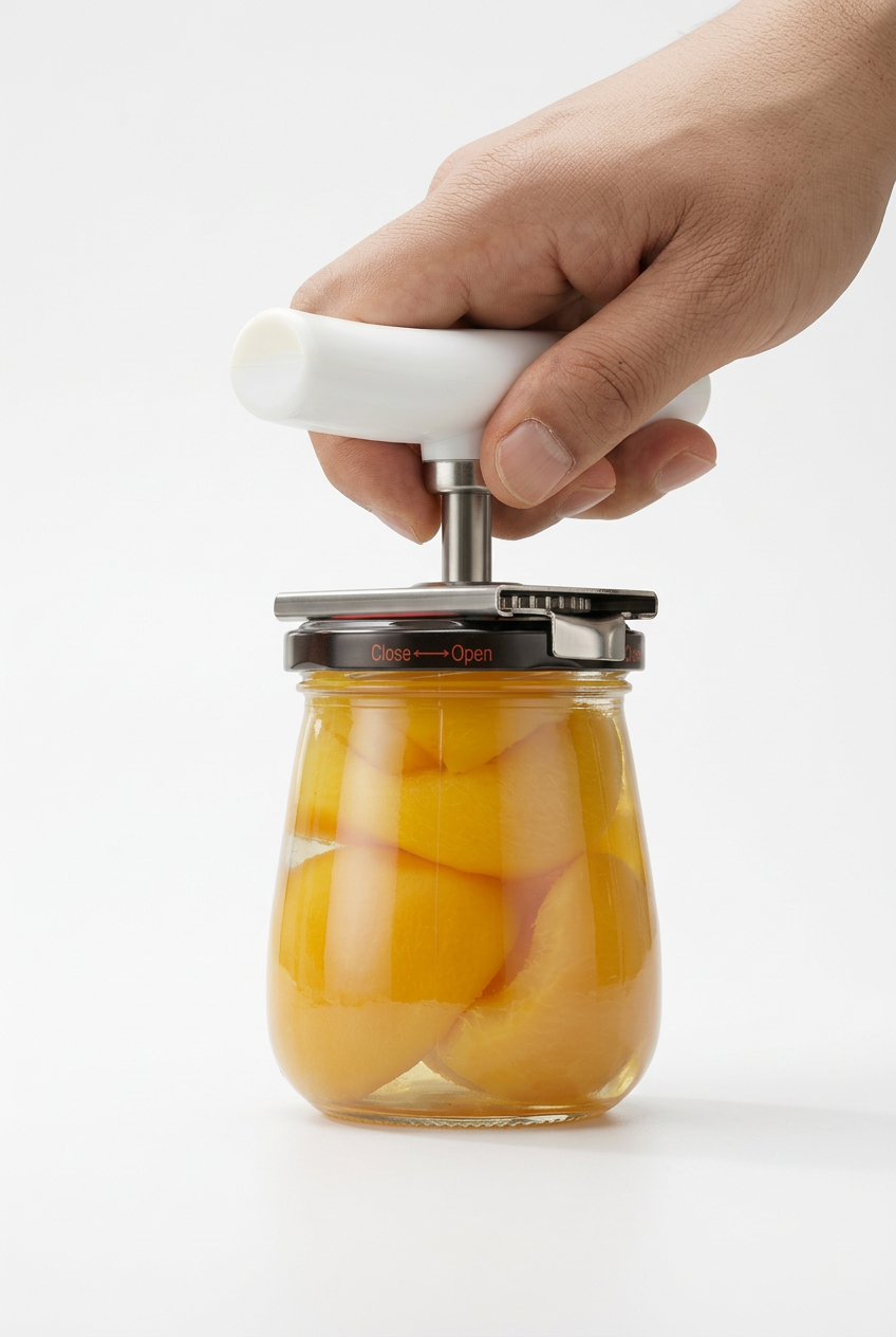 Hand using a white-handled adjustable jar opener on a fruit jar against a white background