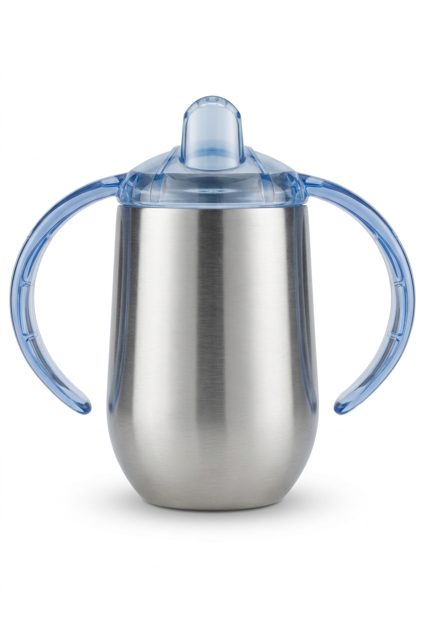 Stainless steel drinking cup with blue handles and spout lid on a white background