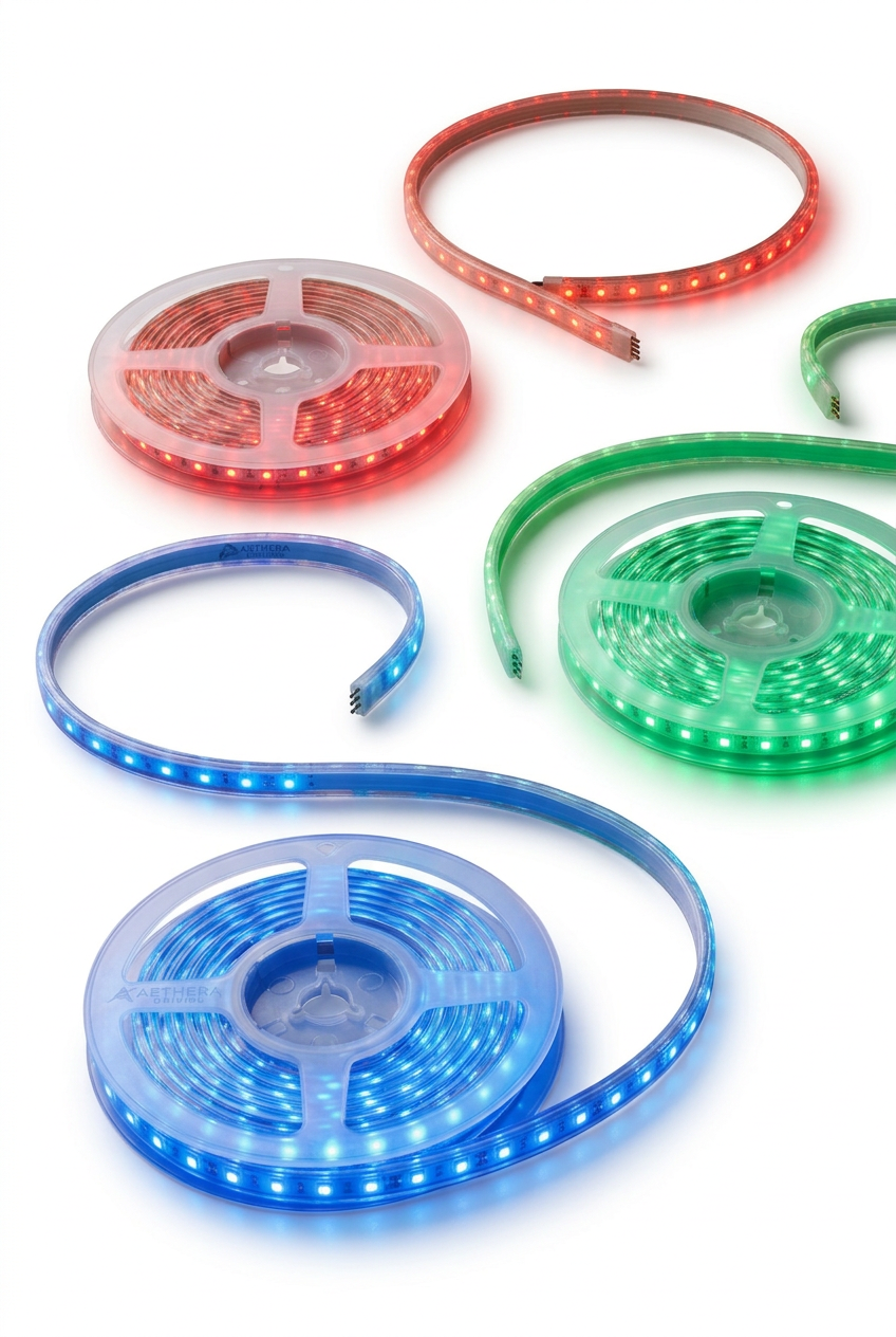 Red, green and blue illuminated guiding light strips on reels against a white background