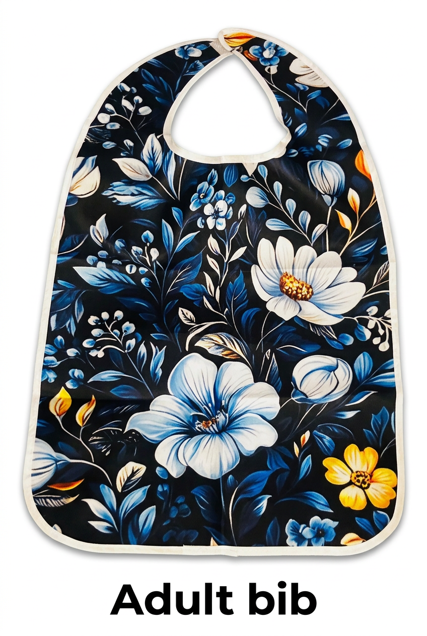 Floral adult bib on a white background with a large clear Adult bib label
